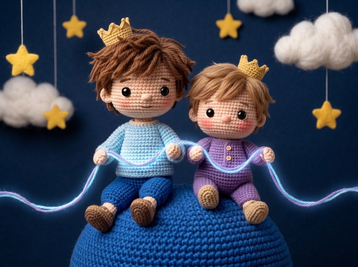 Gabo y Jero como pequeños príncipes en amigurumi sobre su planeta azul