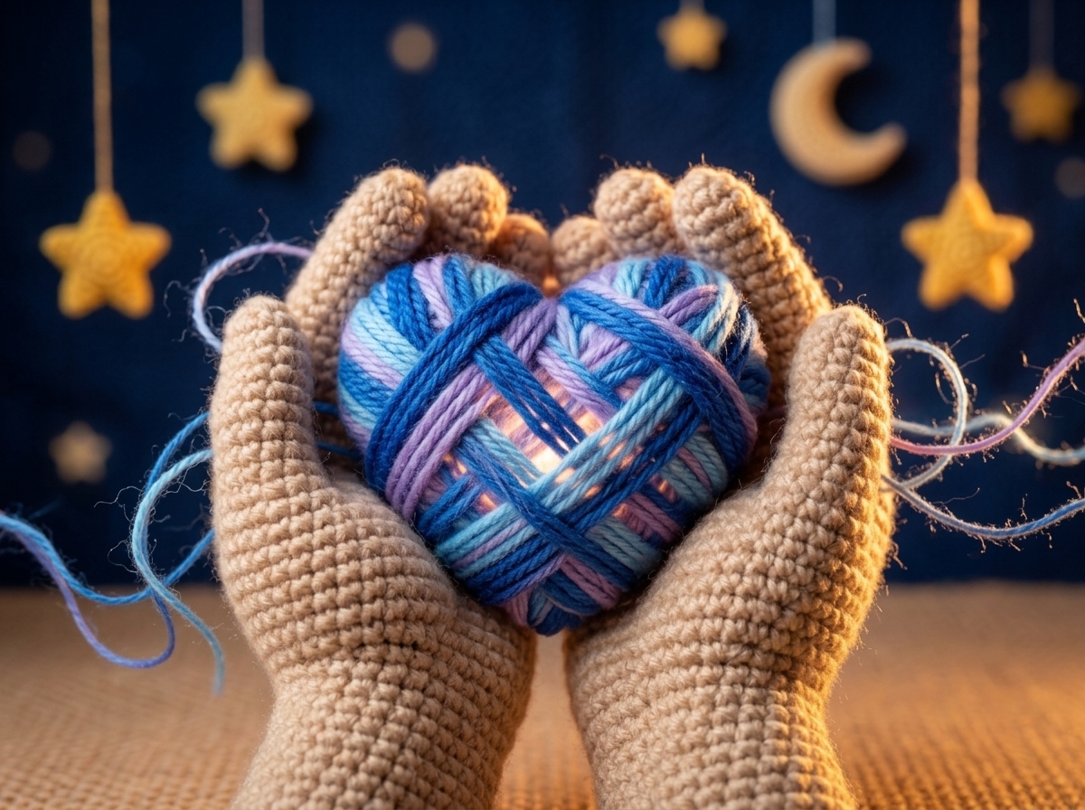 Manos en tejido amigurumi sosteniendo un corazón luminoso de lana azul y violeta