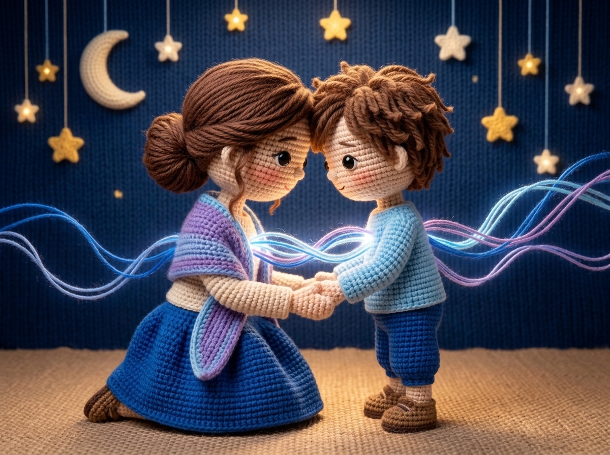 Andrea y Gabo mirándose con amor unidos por hilos luminosos en crochet 3D